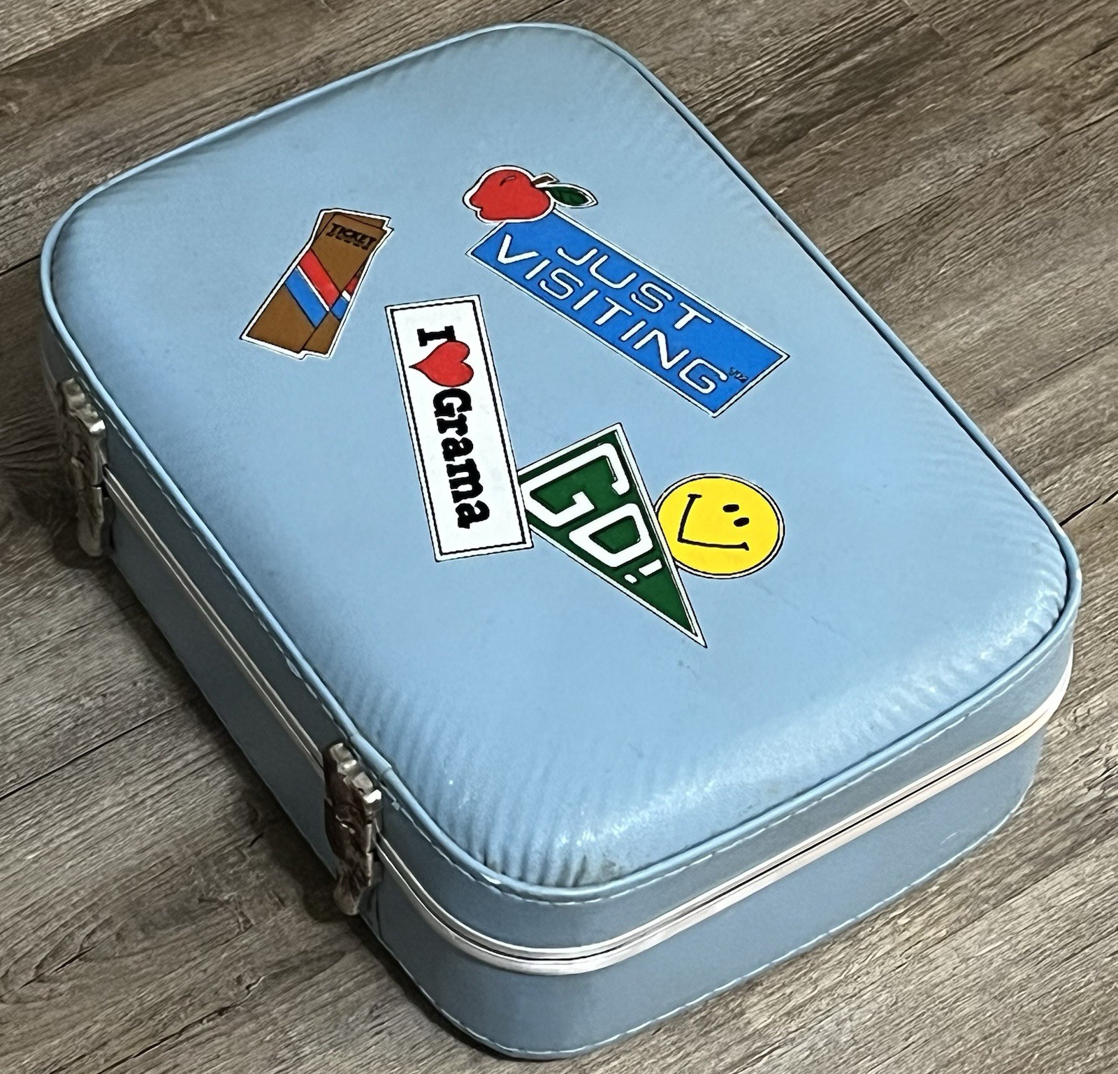 Vintage 1970’s Blue Suitcase Hard Vinyl Vanity Case Travel Visiting Grandma