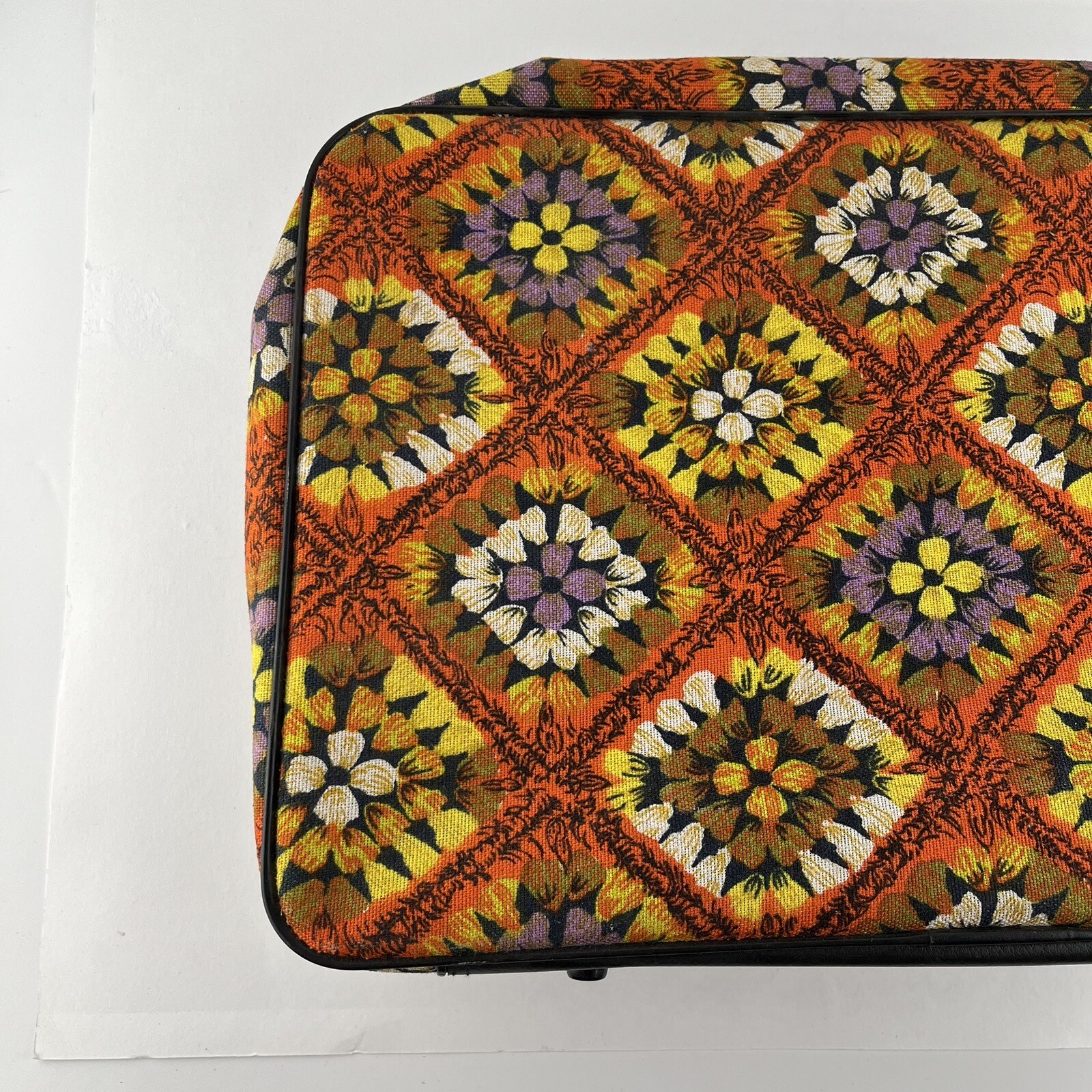 VTG Suitcase Luggage Bantam 70’s Key Travel Fabric Floral Bag Hippie Mod Diamond