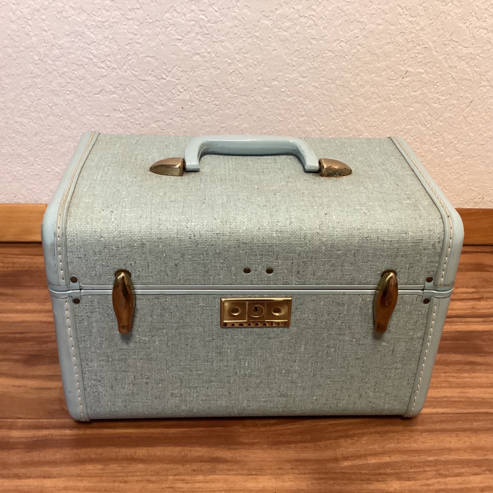 Vintage 1950s Samsonite Streamlite Blue Tweed Luggage 3 Piece Suitcase Set Keys