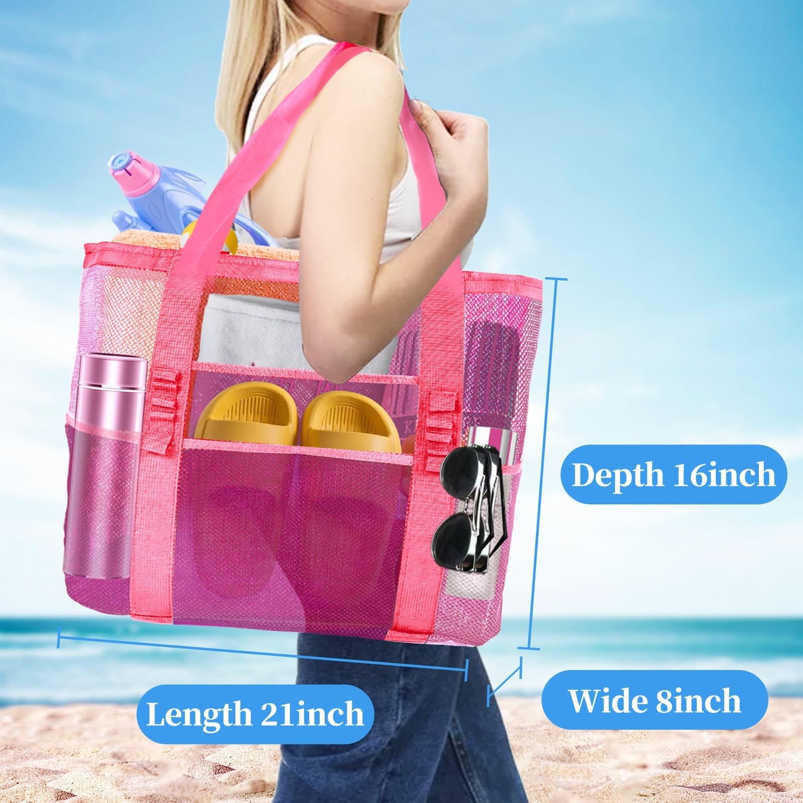 Yunaeduo Extra Large Mesh Beach Bag – Beach Bag 9 Pockets For –