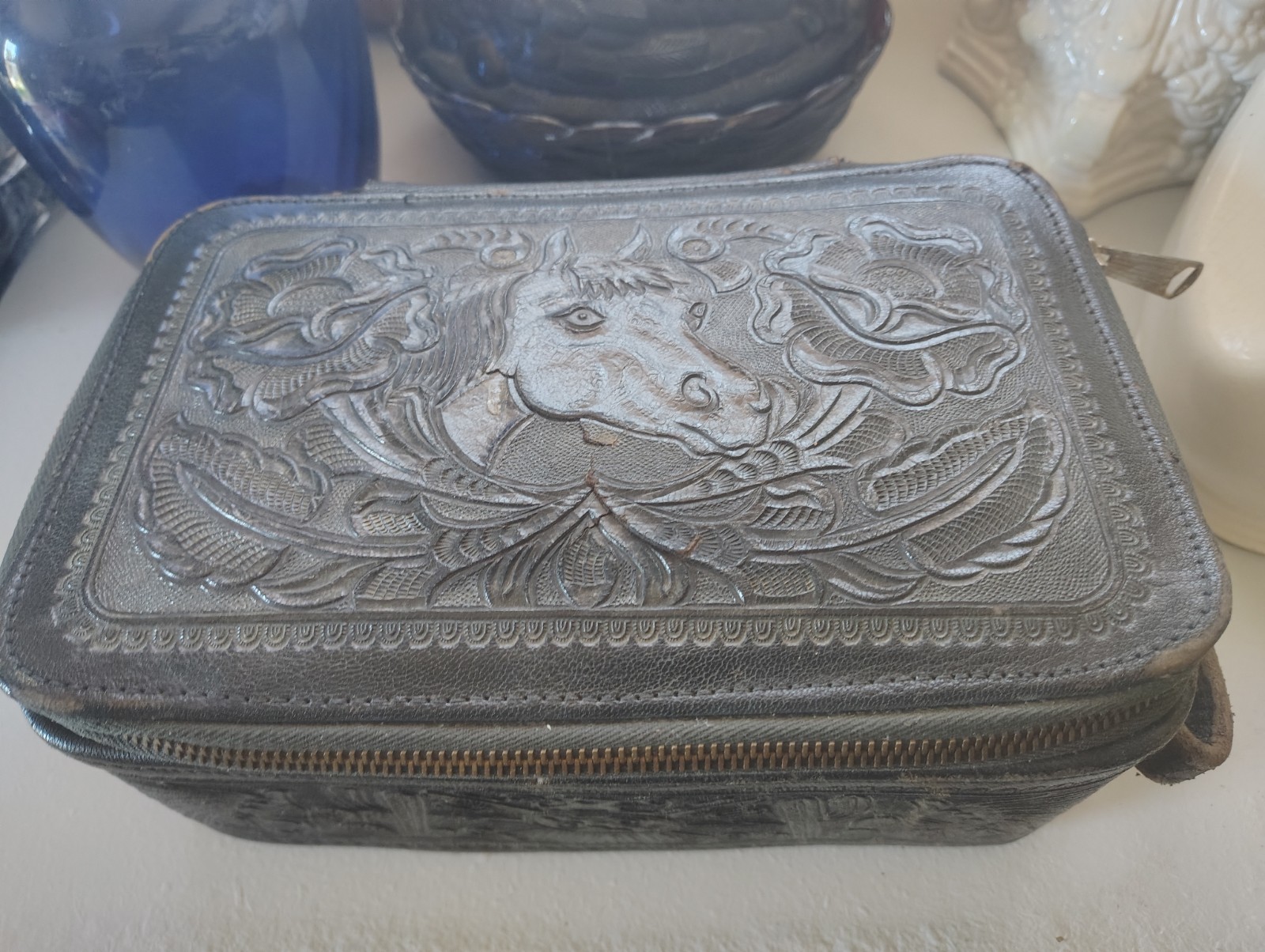 Leather Embossed Hard Vanity Case Brown Horse Motif 1970s Extra Compartments