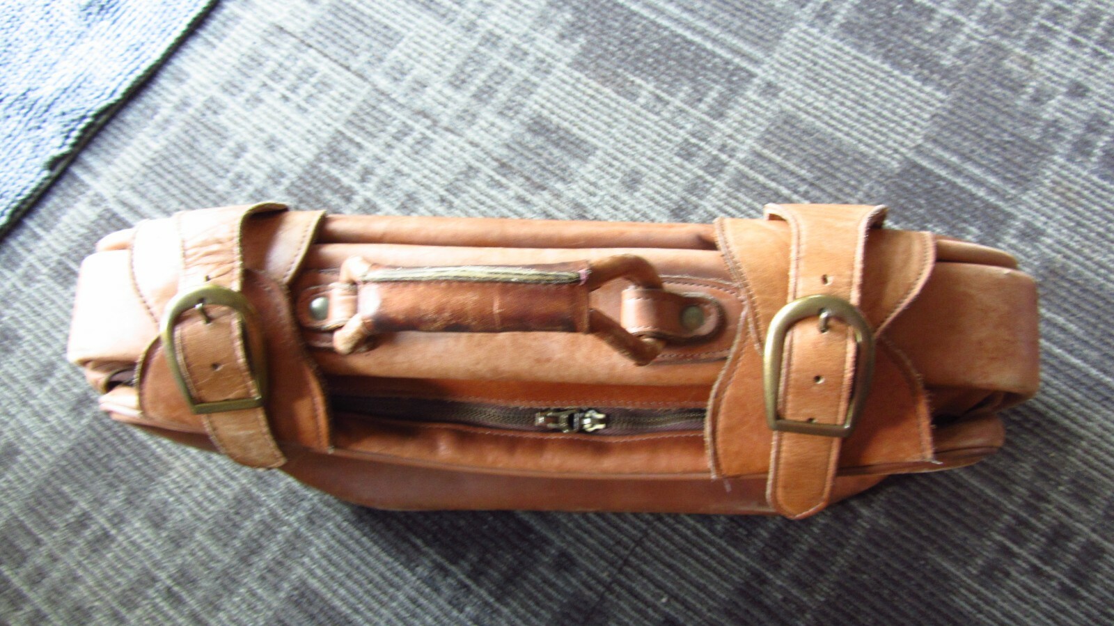 Vintage Leather Luggage Rustic Suitcase Over Night Tan Buckles Display Décor