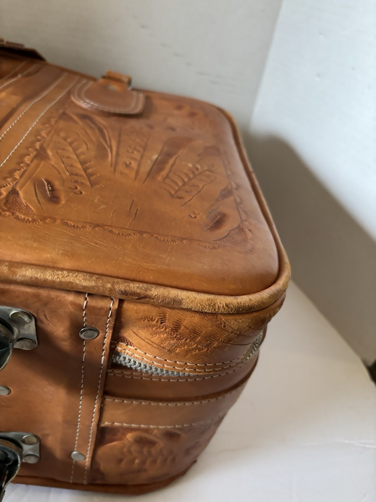 Mid-Century Hand Tooled Leather Suitcase made in Mexico