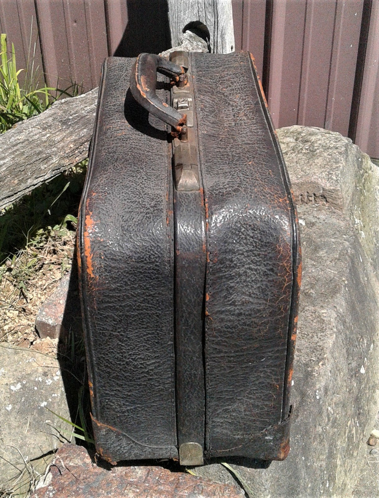 Antique Leather Travel Bag or Suitcase Genuine Split Leather 1900s Era