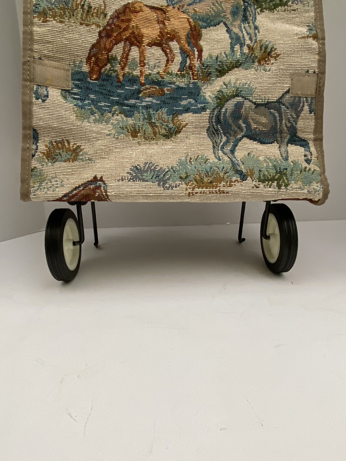 Vtg Jade Tapestry Horses Travel bag Tote w/ Foldable Collapsible wheels