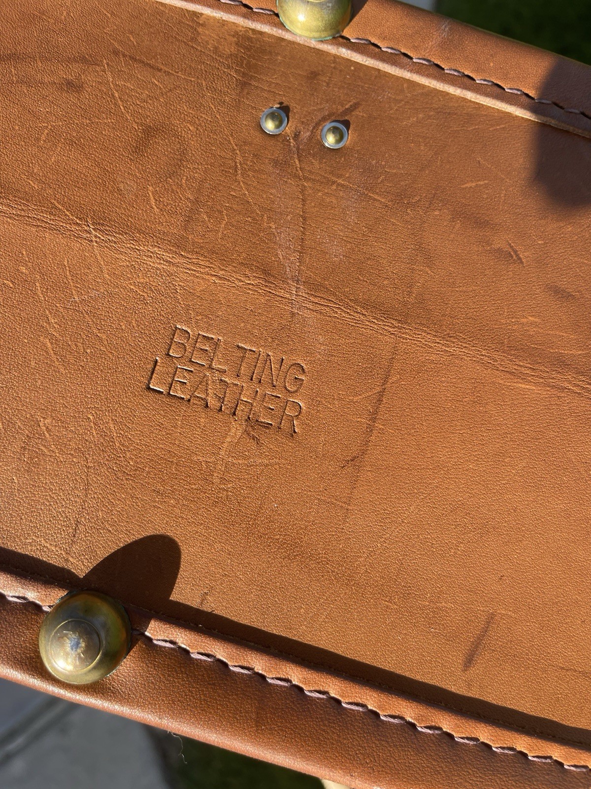 Vintage Brown Belting Leather Suitcase, 21 Inch With Cross And 13 Inch Tall