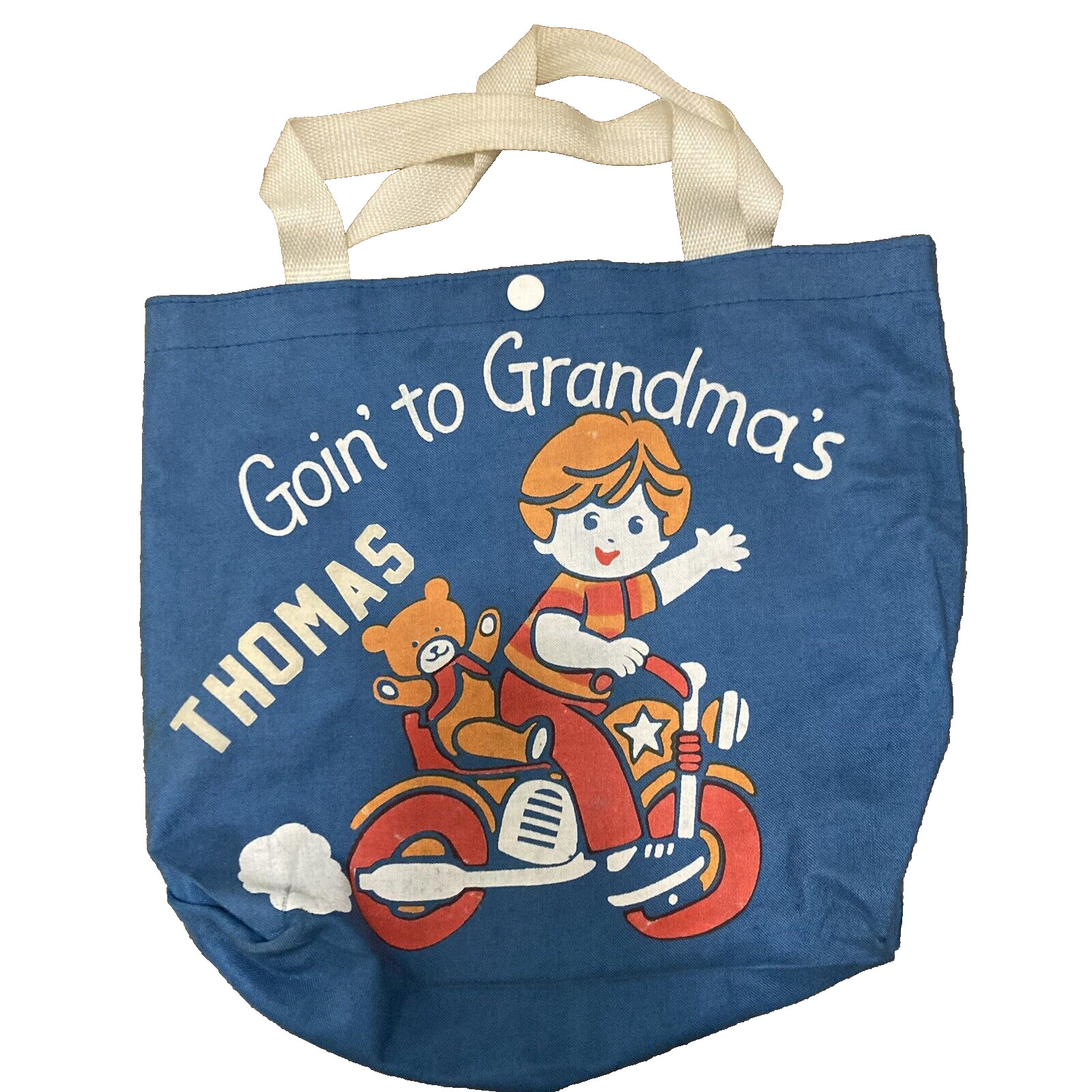 Goin’ To Grandma’s Tote Bag Personalized “Thomas” Blue Motorcycle Boy vtg