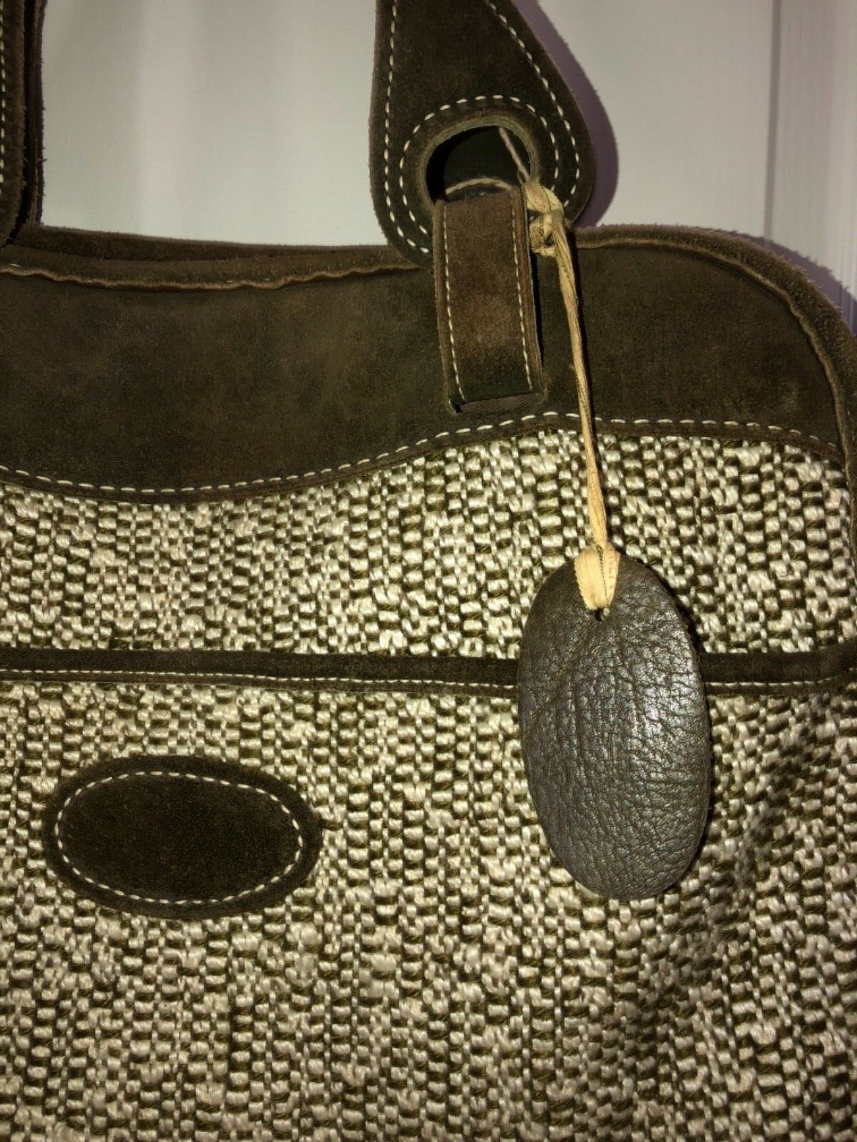 VINTAGE FRENCH LUGGAGE COMPANY RARE KHAKI & WHITE TWEED CARRY TOTE MAKEUP BAG
