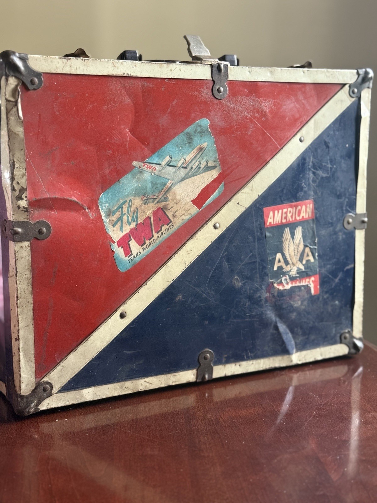Rare Vintage Red White Blue Metal Roller skate Case Travel Case Storage Case