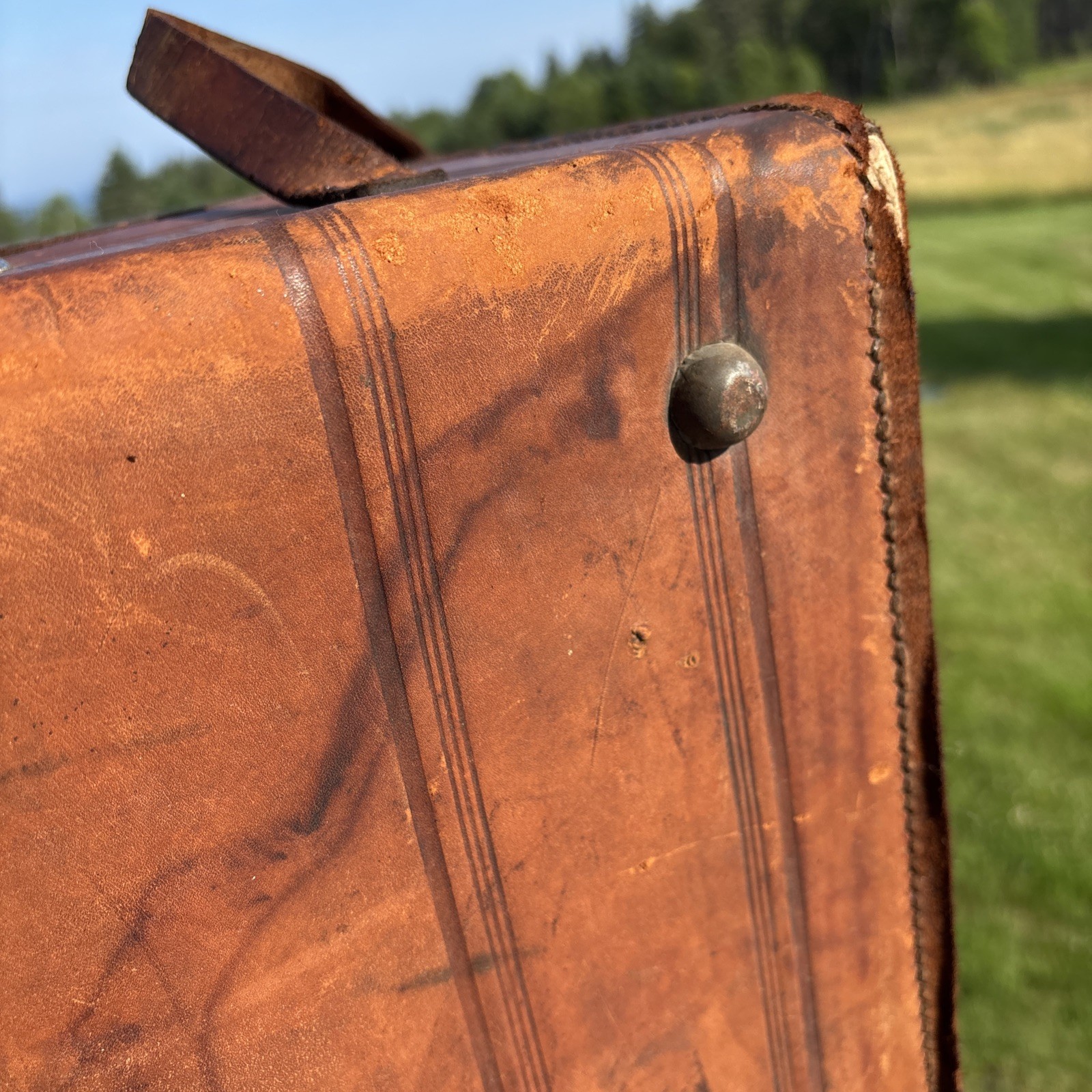 Old World European Antique Tooled Leather Suitcase Luggage 19x11x10 Decor Prop