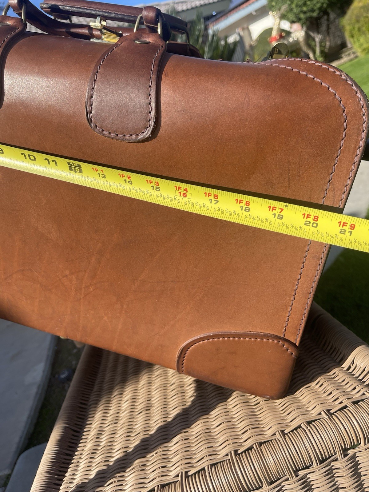 Vintage Brown Belting Leather Suitcase, 21 Inch With Cross And 13 Inch Tall