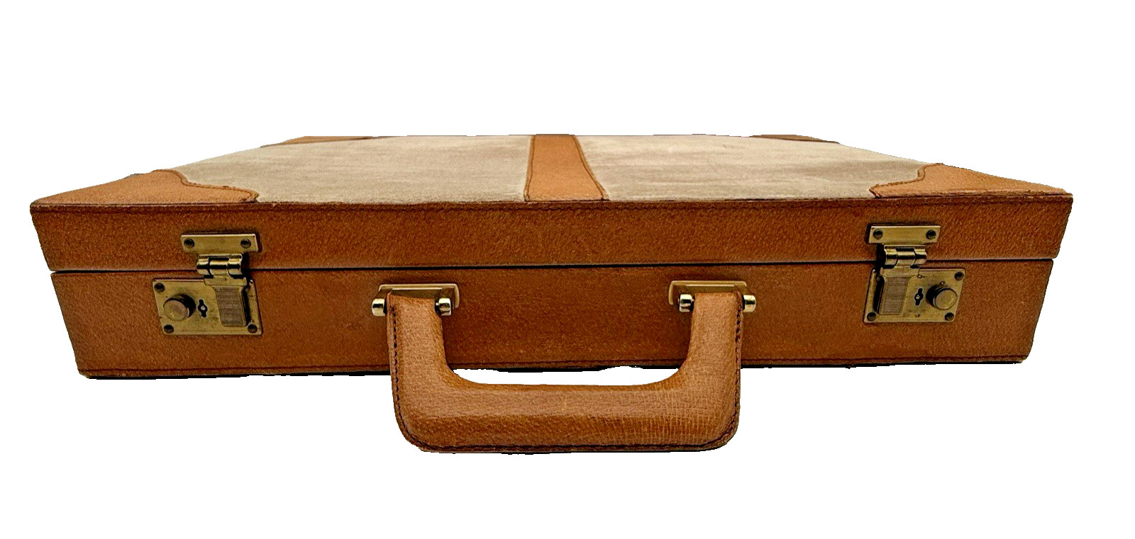 VTG Genuine Leather Hard Shell Briefcase Brown Suede Brass Romania 17.5″ EUC