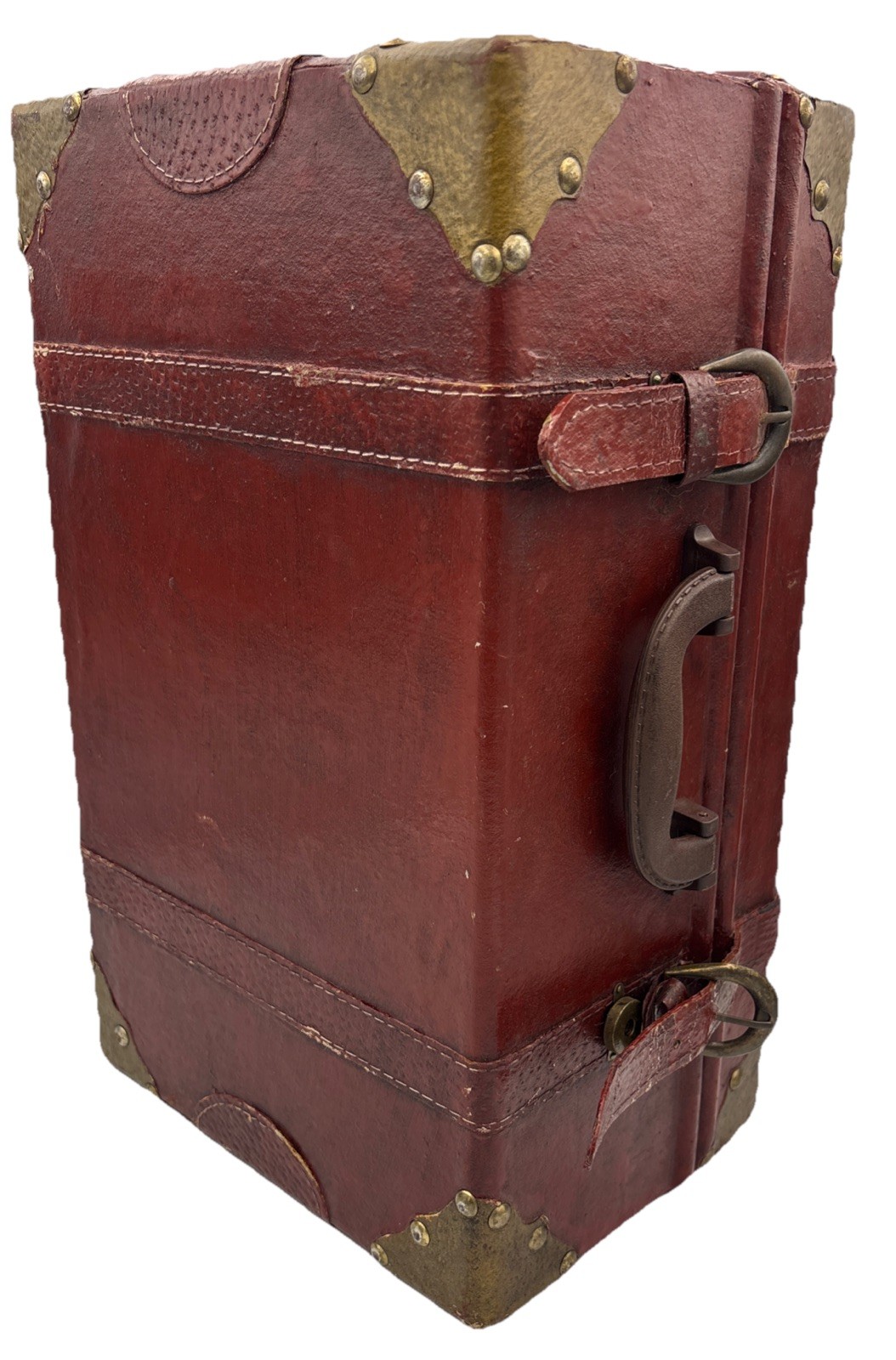 Vintage Leather Train Case Small Trunk Brass Corners Vanity Travel Box Red