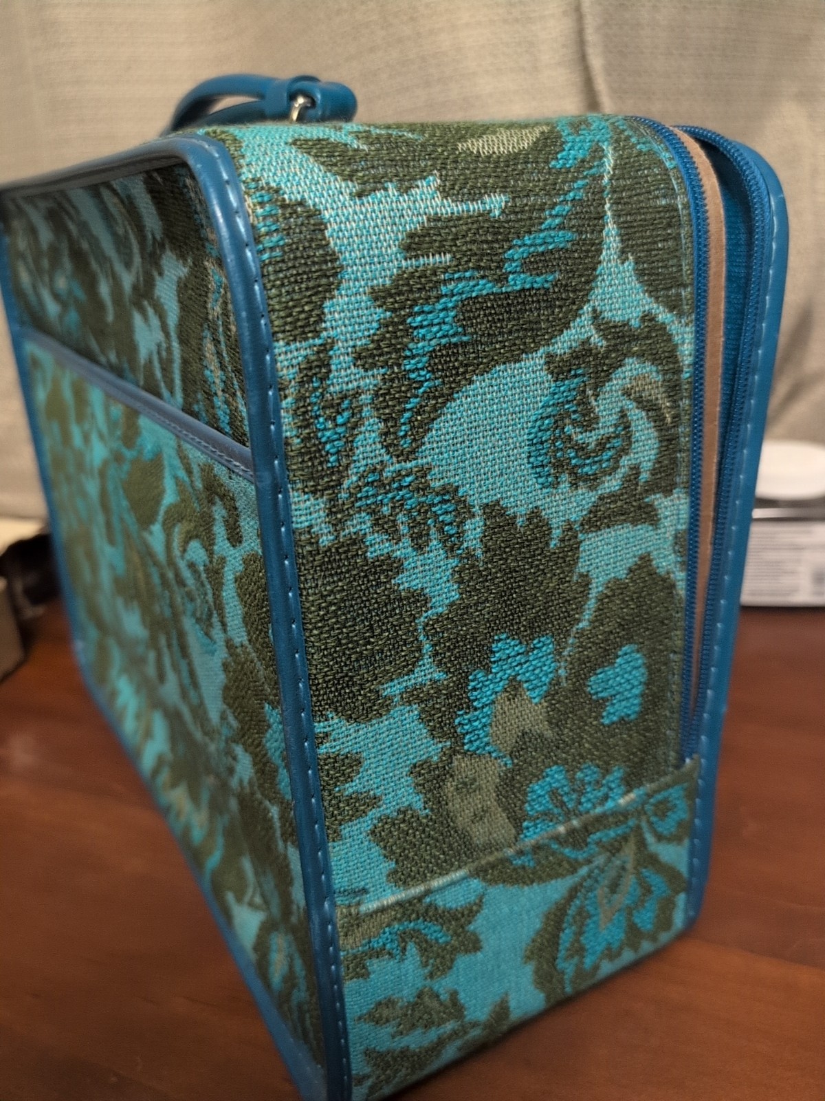 Avon 1970s Vintage Suitcase Turquoise Floral Tapestry Carpet Bag, Boho Hippie