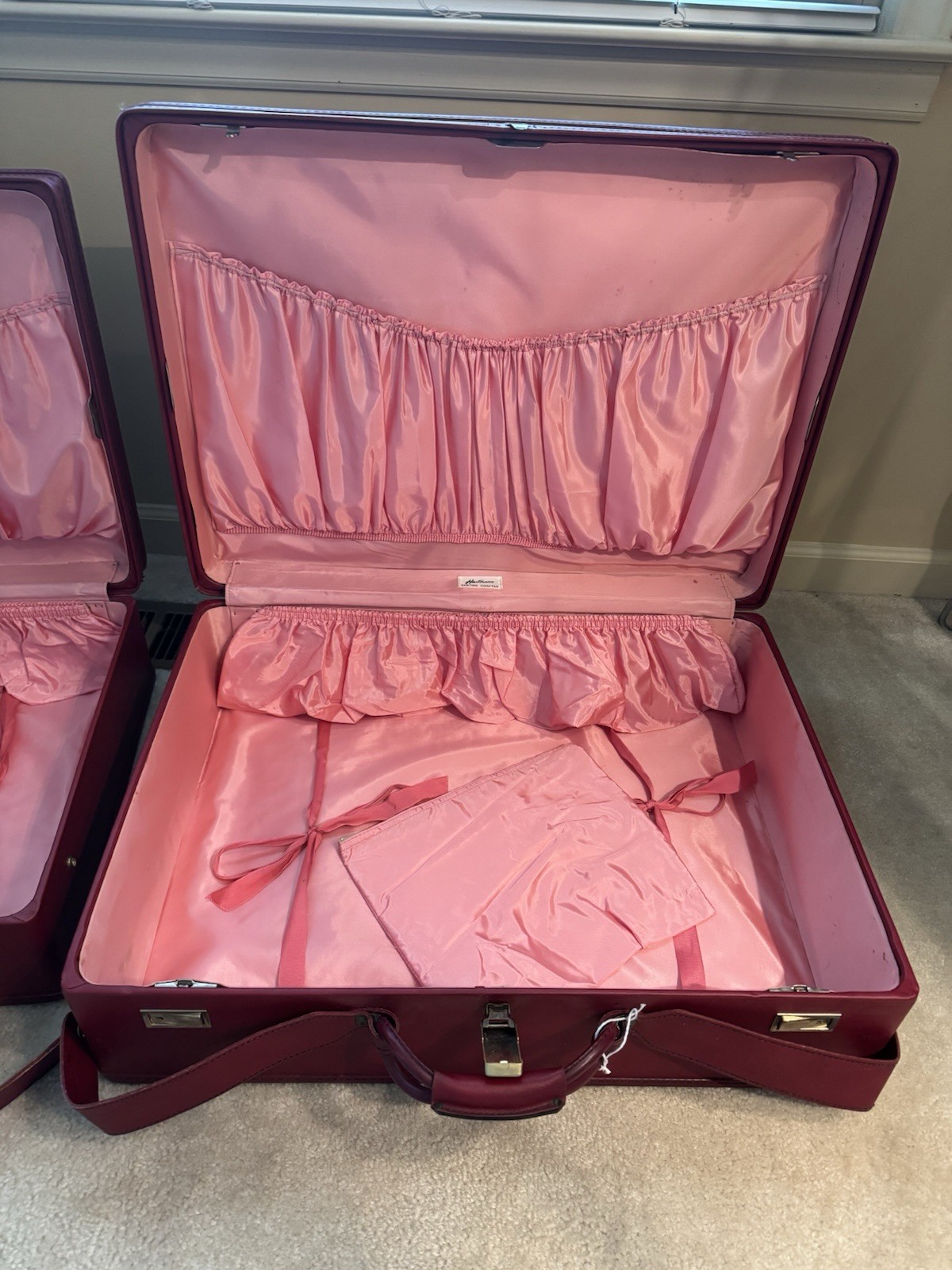 Vintage Hartmann Red Leather Hard Case Suitcase Set (2) Wood Frame Retro Luggage