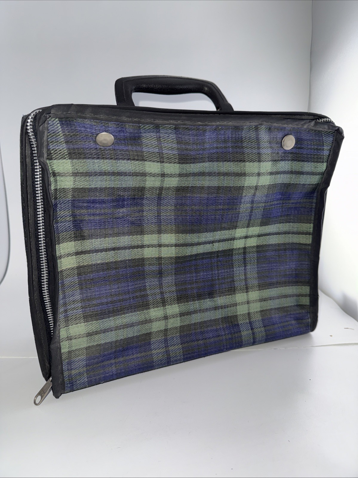 Vintage Mid Century 1970s Blue And Green Plaid Suitcase Dolls Grandmas 10” By 13