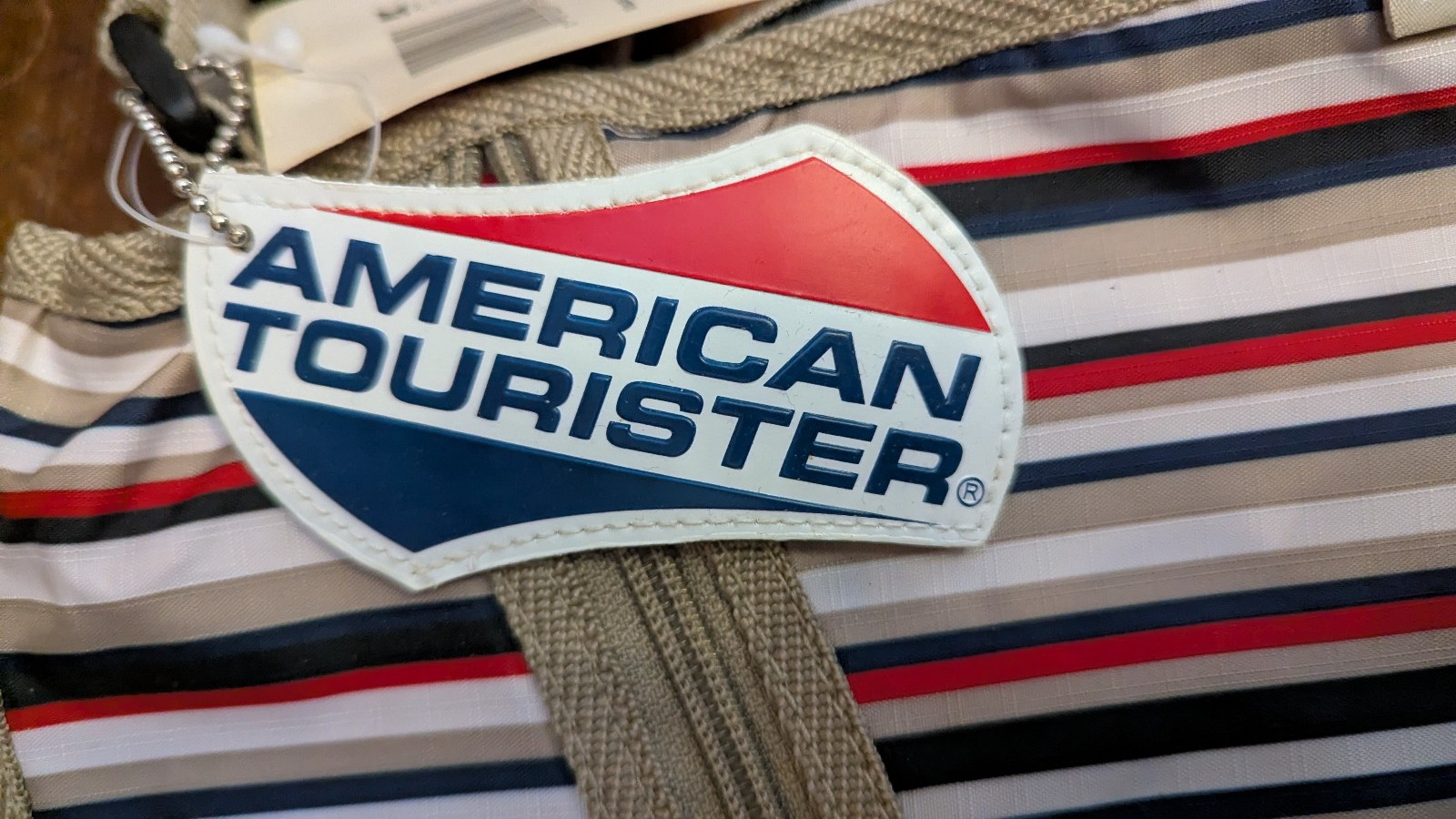 American Tourister 2 Pc Striped Travel Bag Purse, Matching Makeup Purse Name Tag