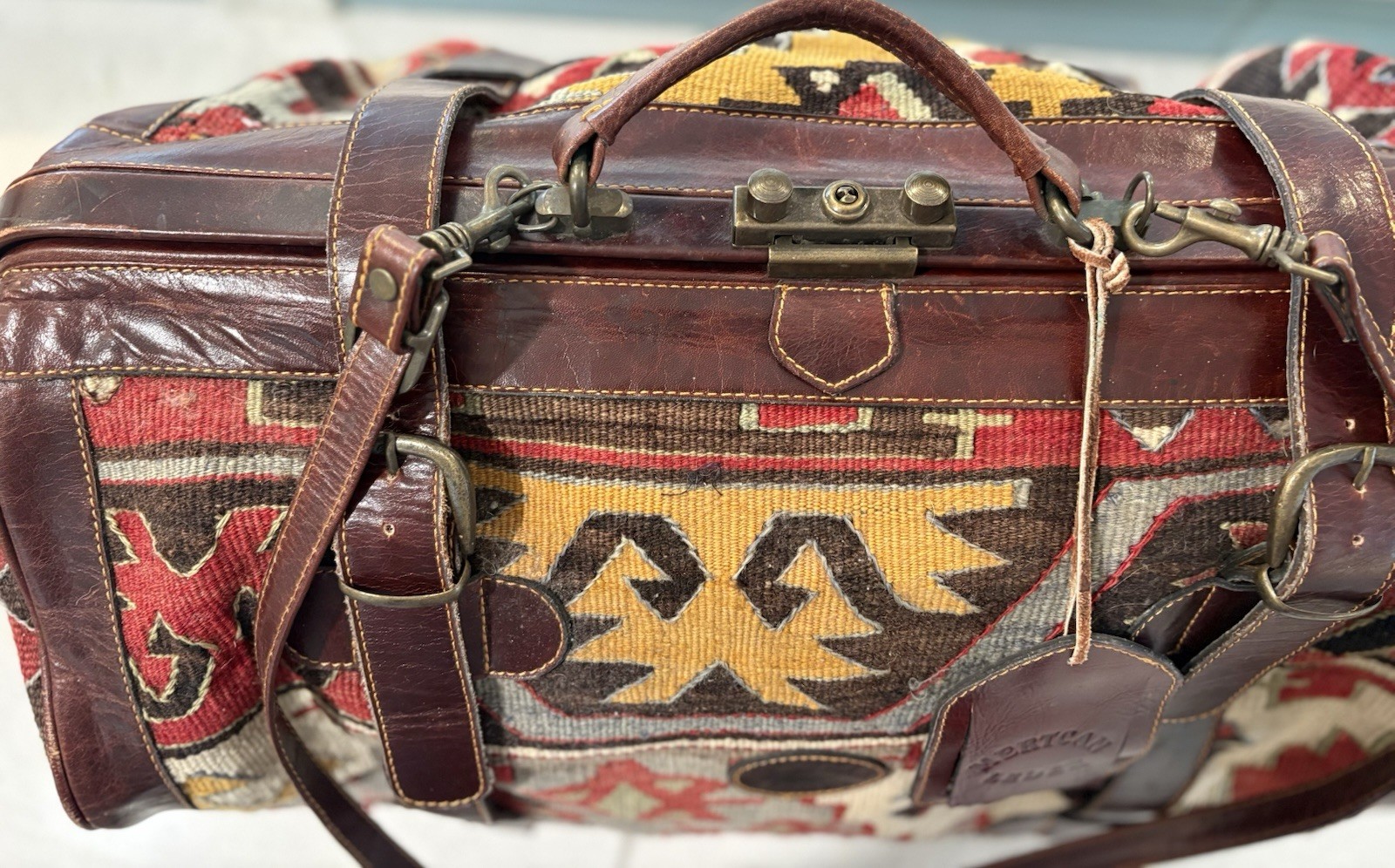 Vintage Leather & Kilim Carry On Travel Weekender Luggage Carpet Bag Overnight