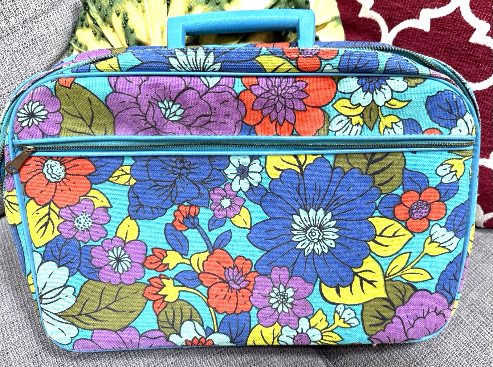 Vintage 70’s FLOWER POWER Colorful Cloth Suitcase