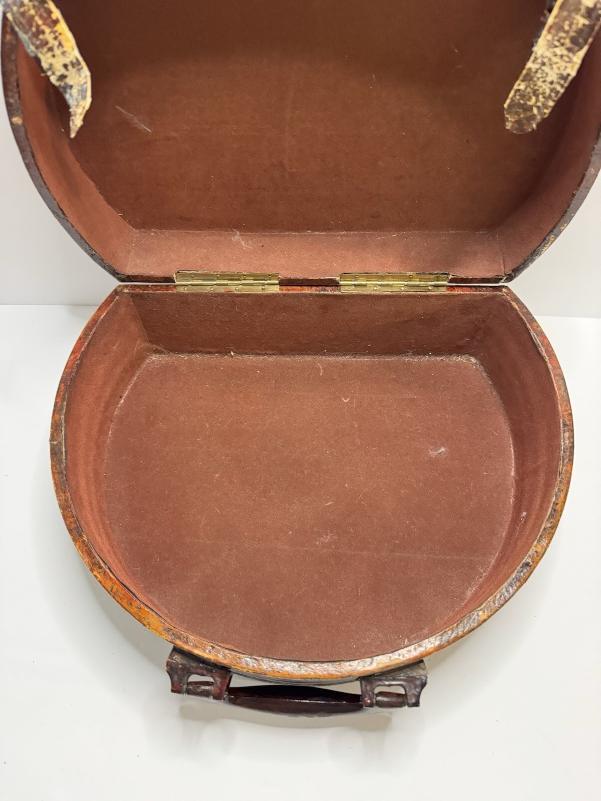 Antique Faux Leather Travel Hat Box Luggage Brown 14x10x9in See Photos