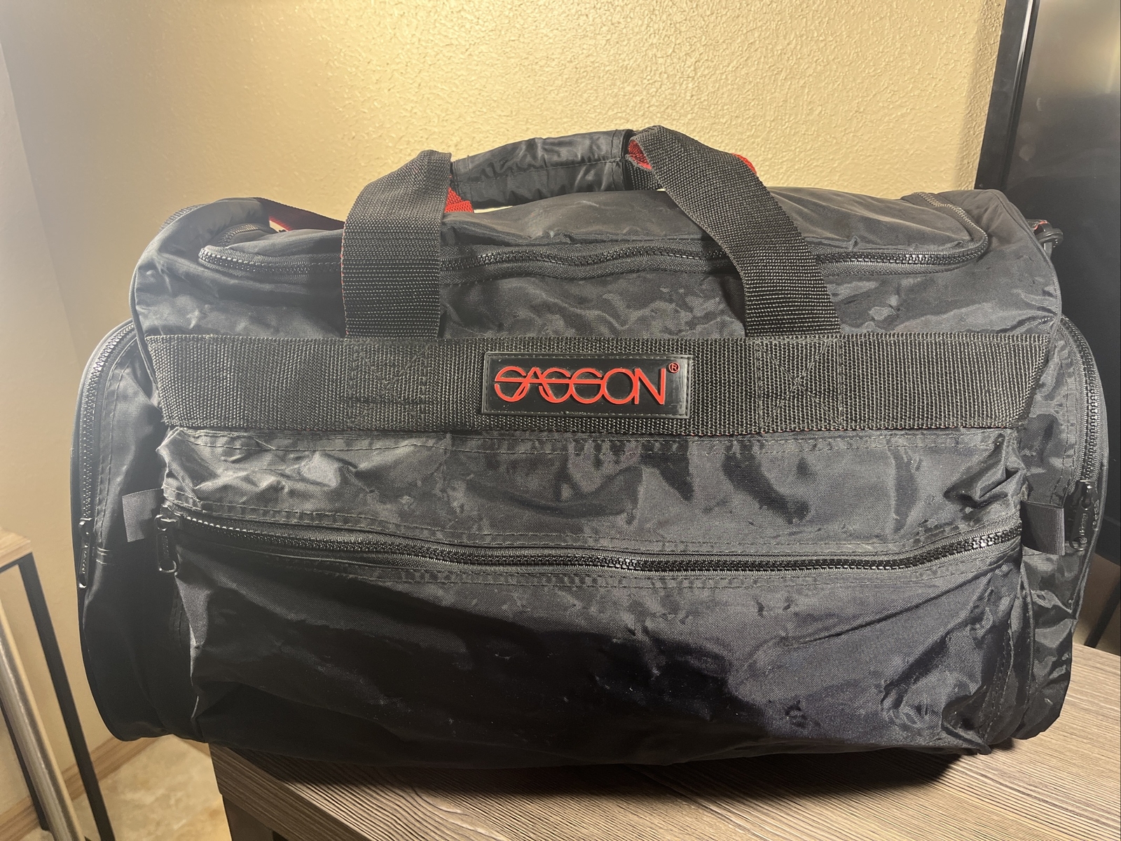 Vintage 80’s Sasson Black & Red Duffle Bag With 3 Separate Zippered Pockets