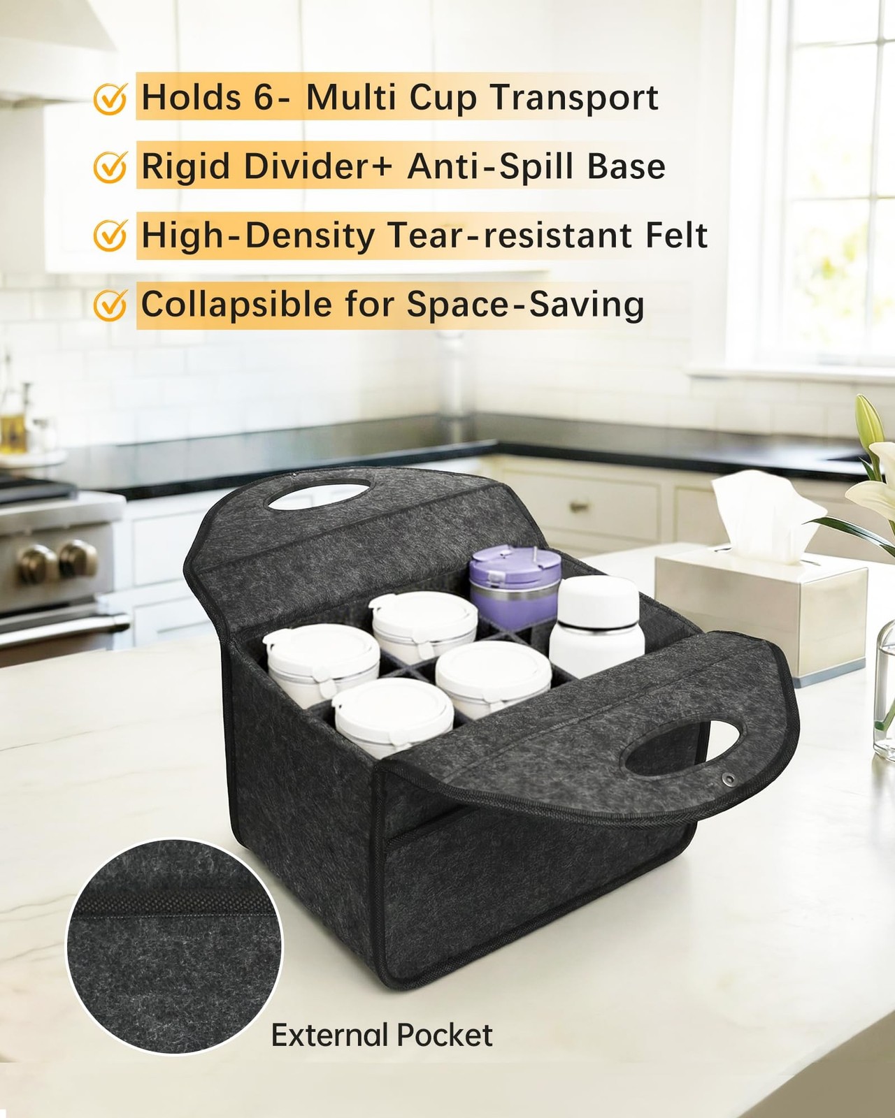 6 Cup Drink Carrier with Handle, Portable Felt Reusable Cup Holder for Hot & …
