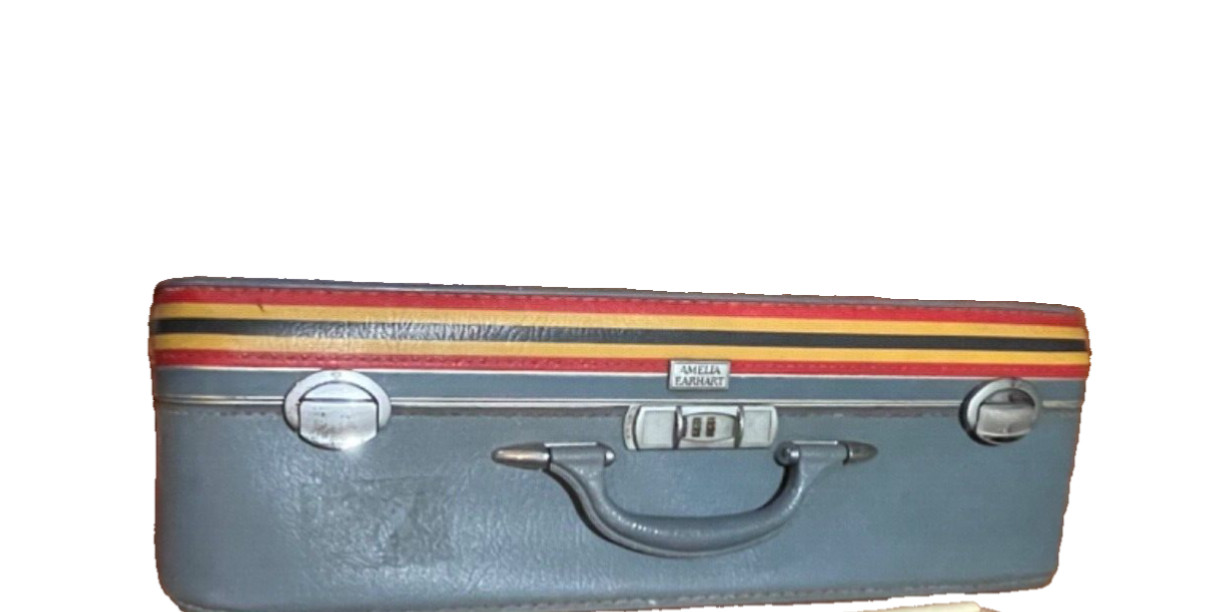 Rare Find Vintage AMELIA EARHART Blue Travel Luggage W/Yellow, Black, Red Stripe