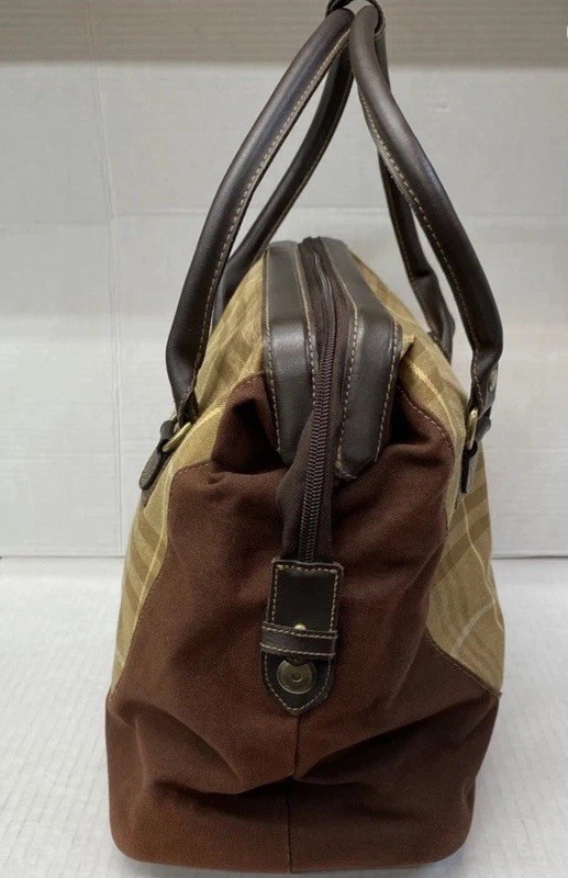 VTG Eddie Bauer Brown Plaid Canvas & Leather Travel Duffle Carpet Satchel Bag