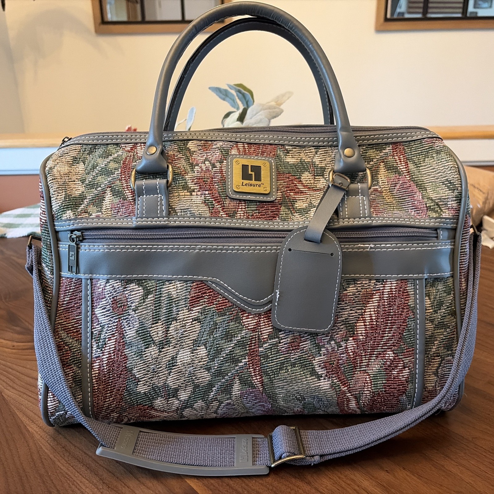 Vintage Leisure Luggage Floral With Gray Tapestry Travel Bag