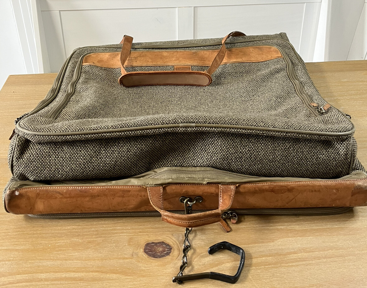 HARTMANN Vintage Tweed & Leather Garment Bag Luggage Suitcase 2 Hangers & Bags