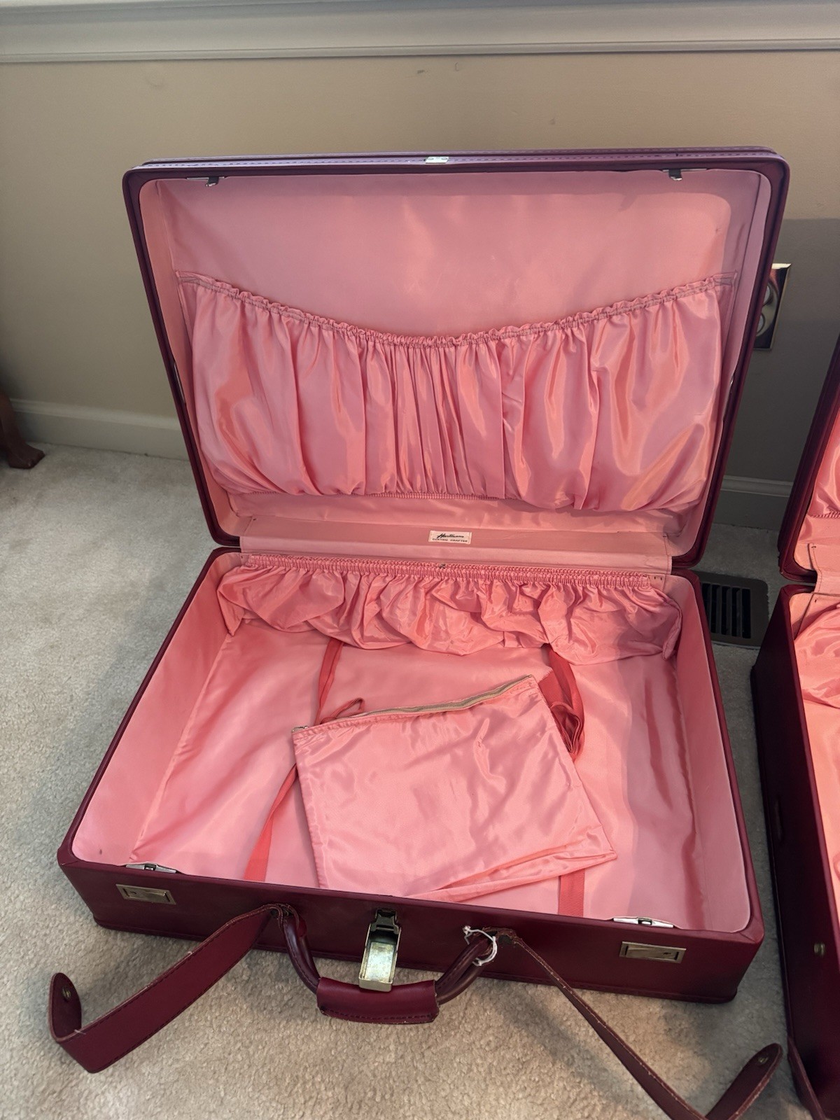 Vintage Hartmann Red Leather Hard Case Suitcase Set (2) Wood Frame Retro Luggage