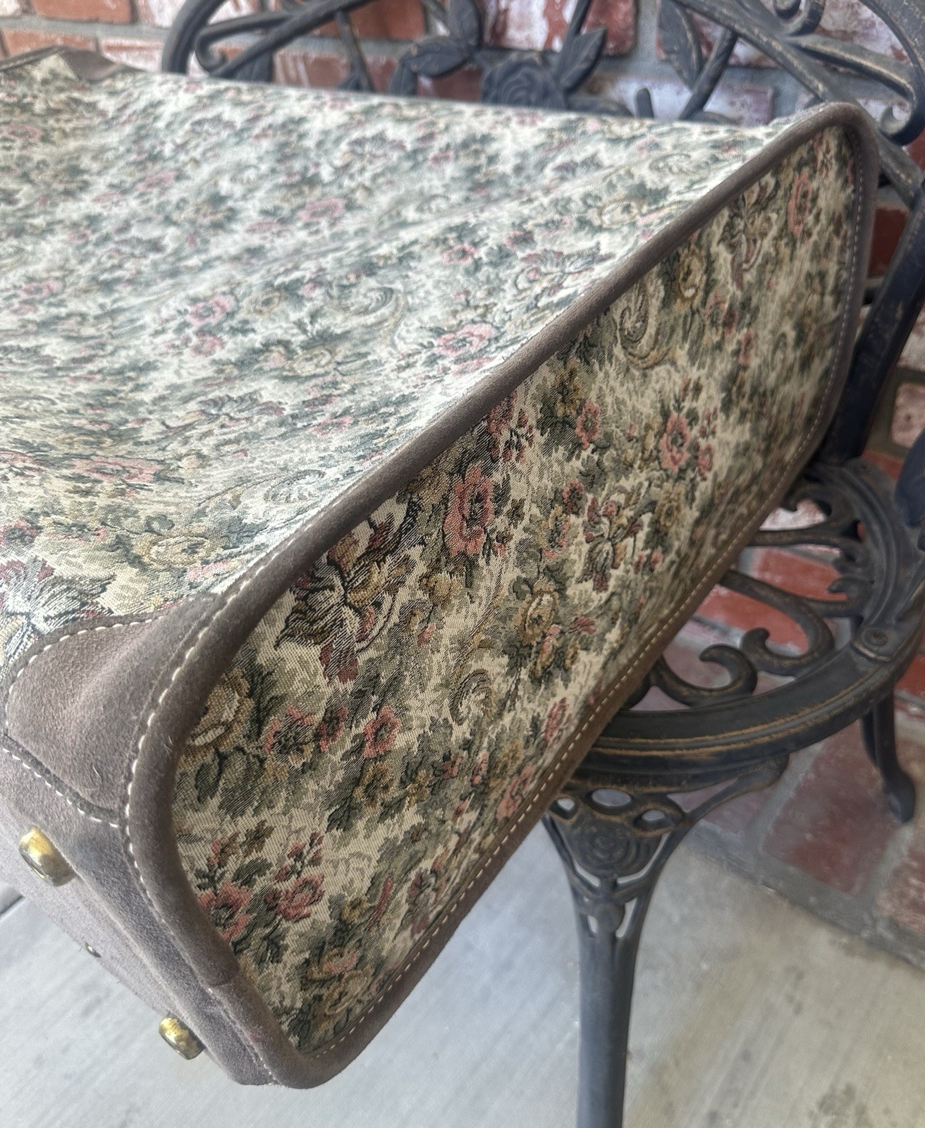 Vintage French Co Luggage; Grey Rose Tapestry W/Suede/ID Tag; Blue Int/Cmbo Lock