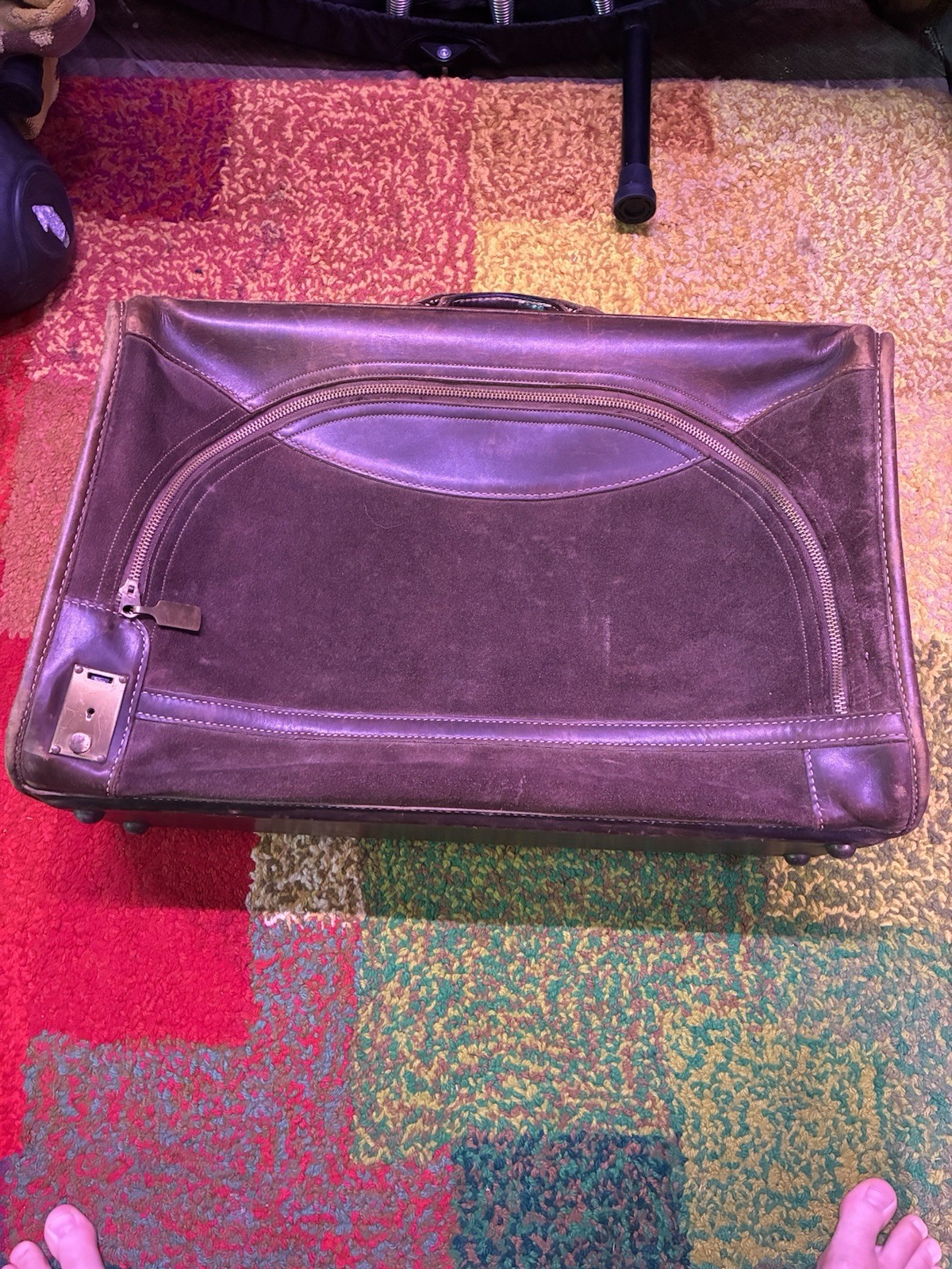 Vintage Brown Leather And Suede Soft Sided Suitcase Brass Hardware
