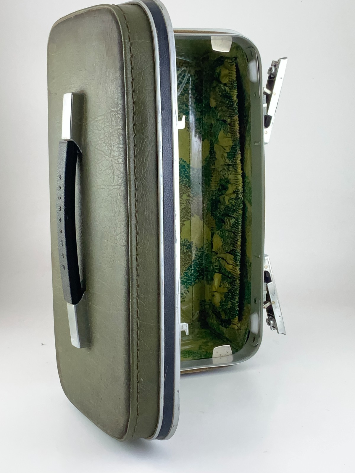 Vintage 1960s Samsonite Hard Shell Train Case Olive Green Pattern Liner KK243