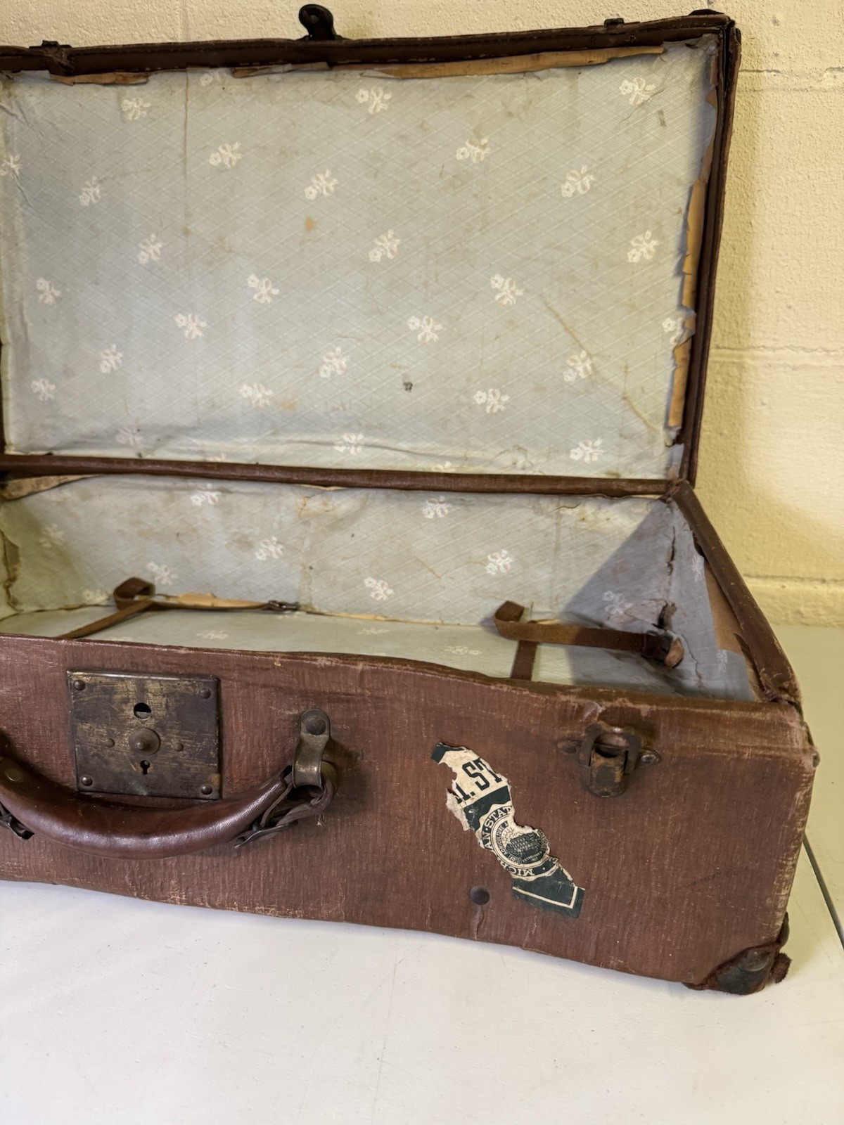 Michigan State Vintage Suitcase Luggage Travel Bag Brown Leather