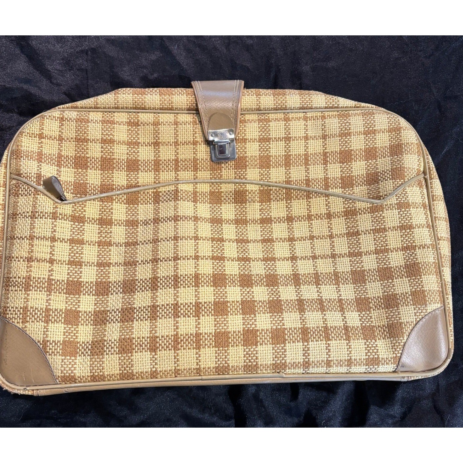 Vintage Plaid Suitcase Tan Yellow Woven Carry On Luggage Made Japan Mid Century