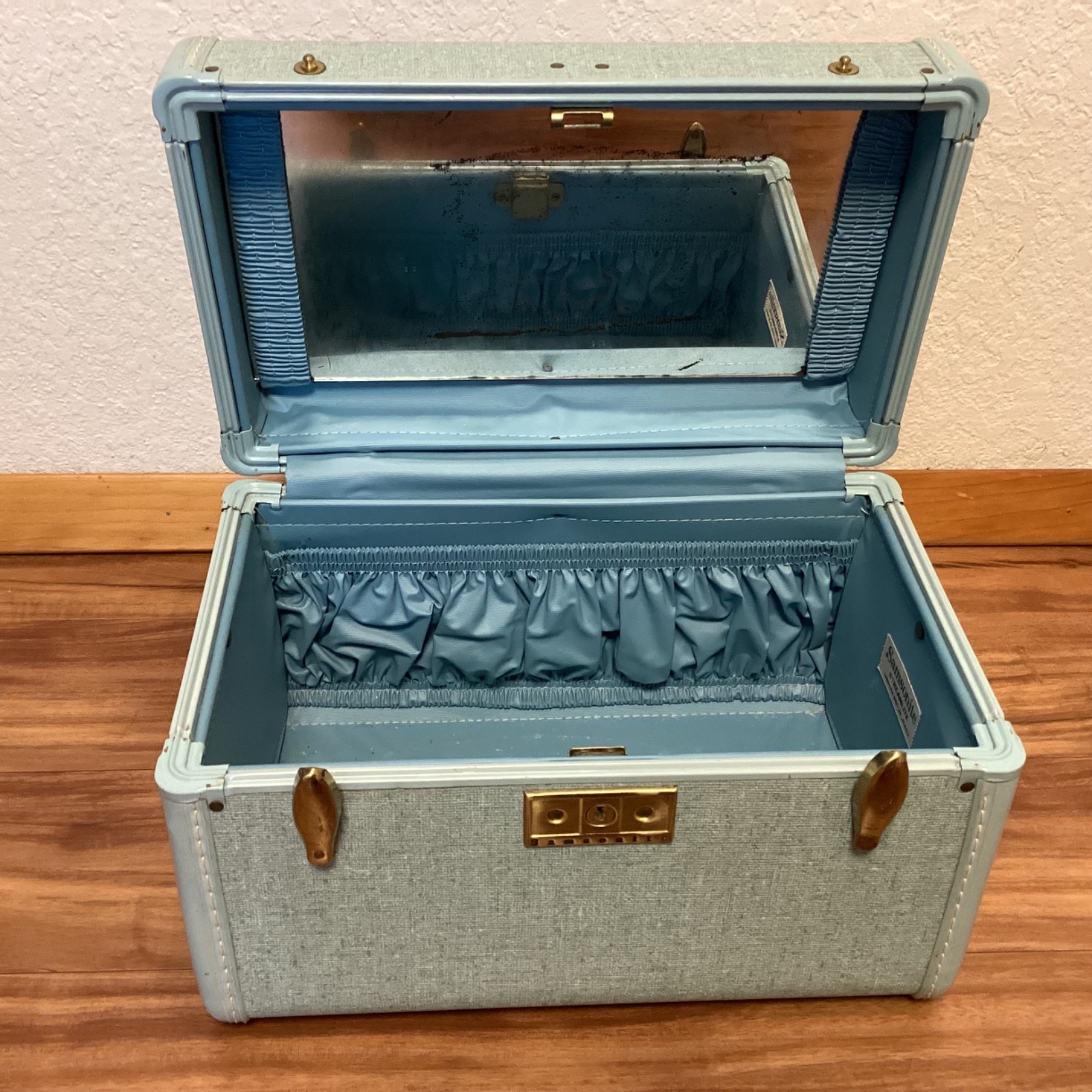 Vintage 1950s Samsonite Streamlite Blue Tweed Luggage 3 Piece Suitcase Set Keys