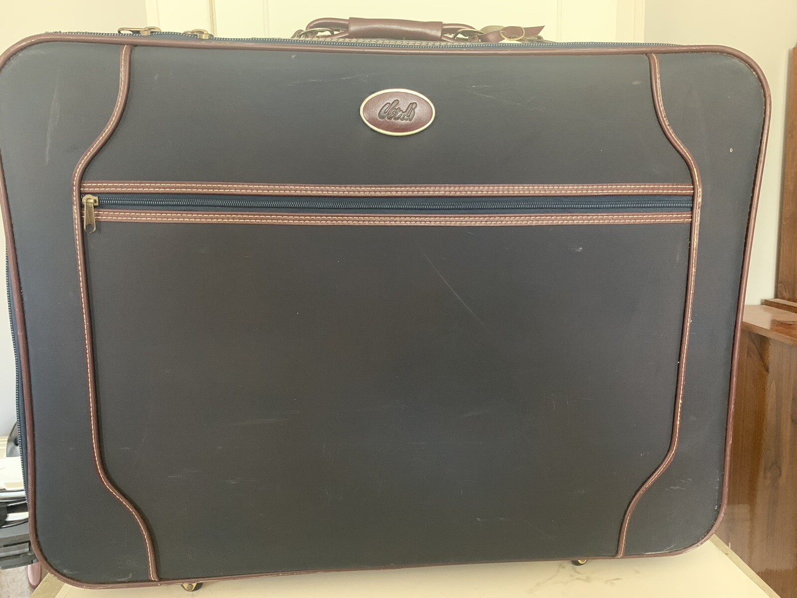 Vintage Verdi Suitcase Navy Blue With Brown Trim Very Good Condition