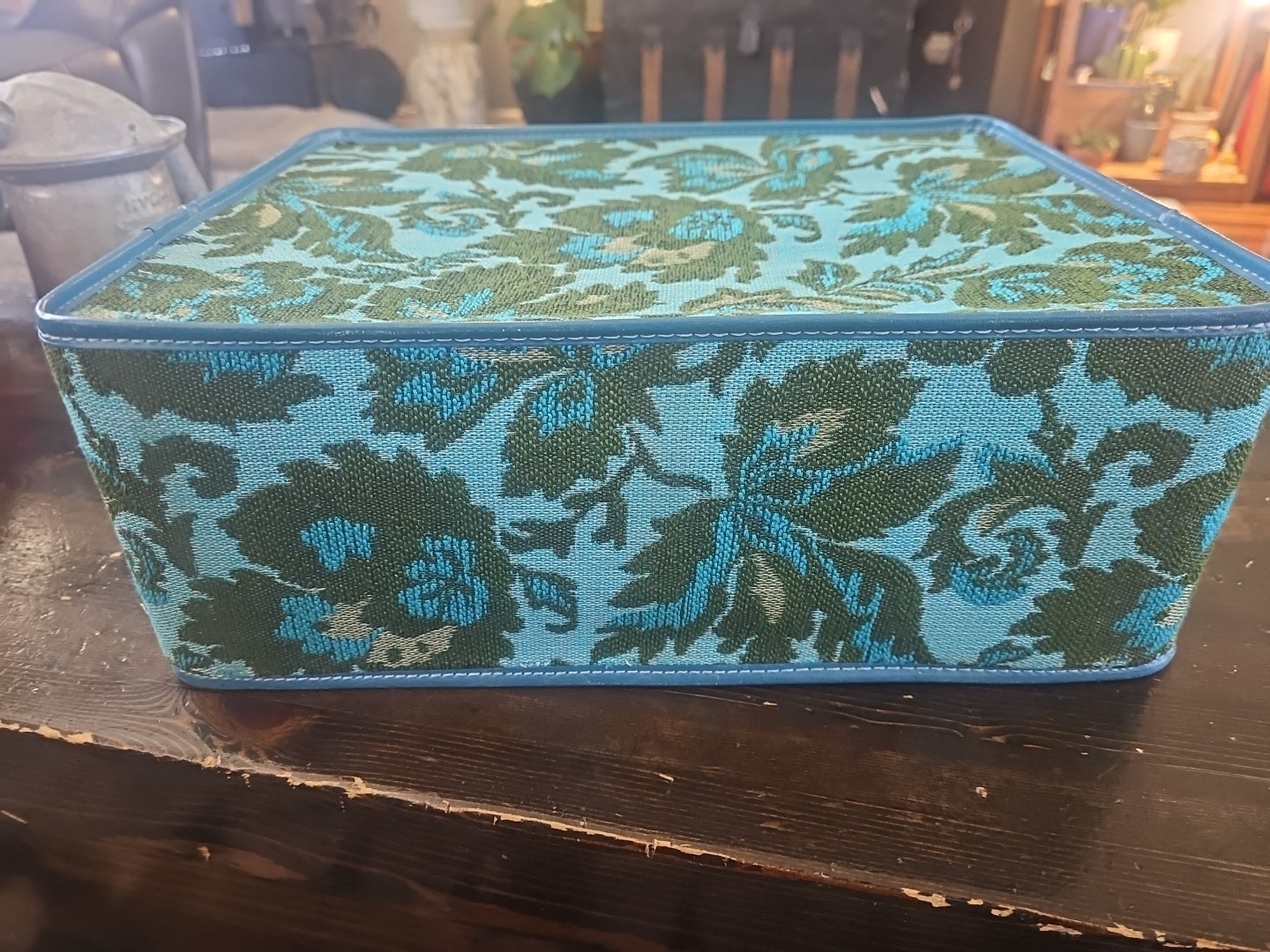 Avon 1970s Vintage Suitcase Turquoise Floral Tapestry Carpet Bag, Boho Hippie