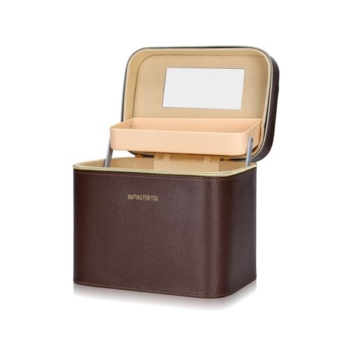 Luxury brown makeup box, Portable leather hard cosmetic case with mirror, Brown