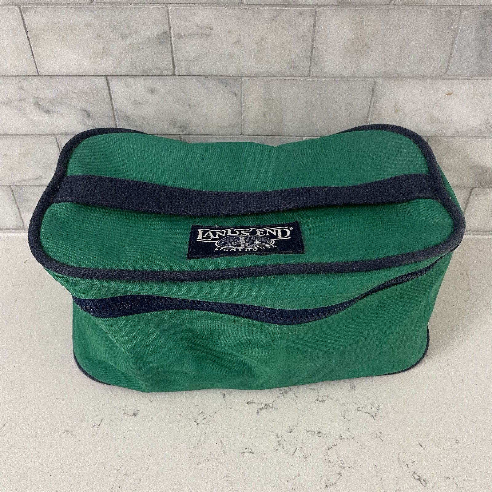 Vintage Lands End Toiletry Make Up Bag Lighthouse Green Blue Travel Storage