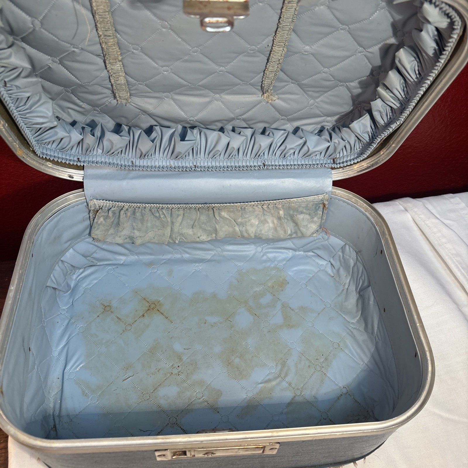 Vintage Toilertry Suitcase Travel Bag Luggage Blue Canvas