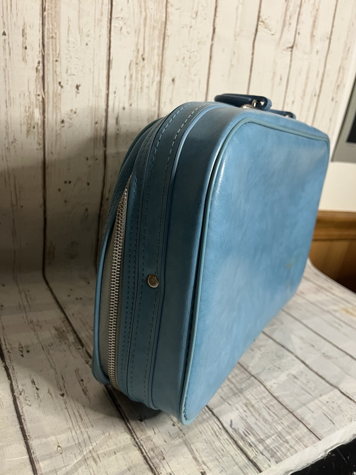 Small Suitcase Vintage Day Bag Retro Blue Vinyl Zip Up 1970s Decor Prop