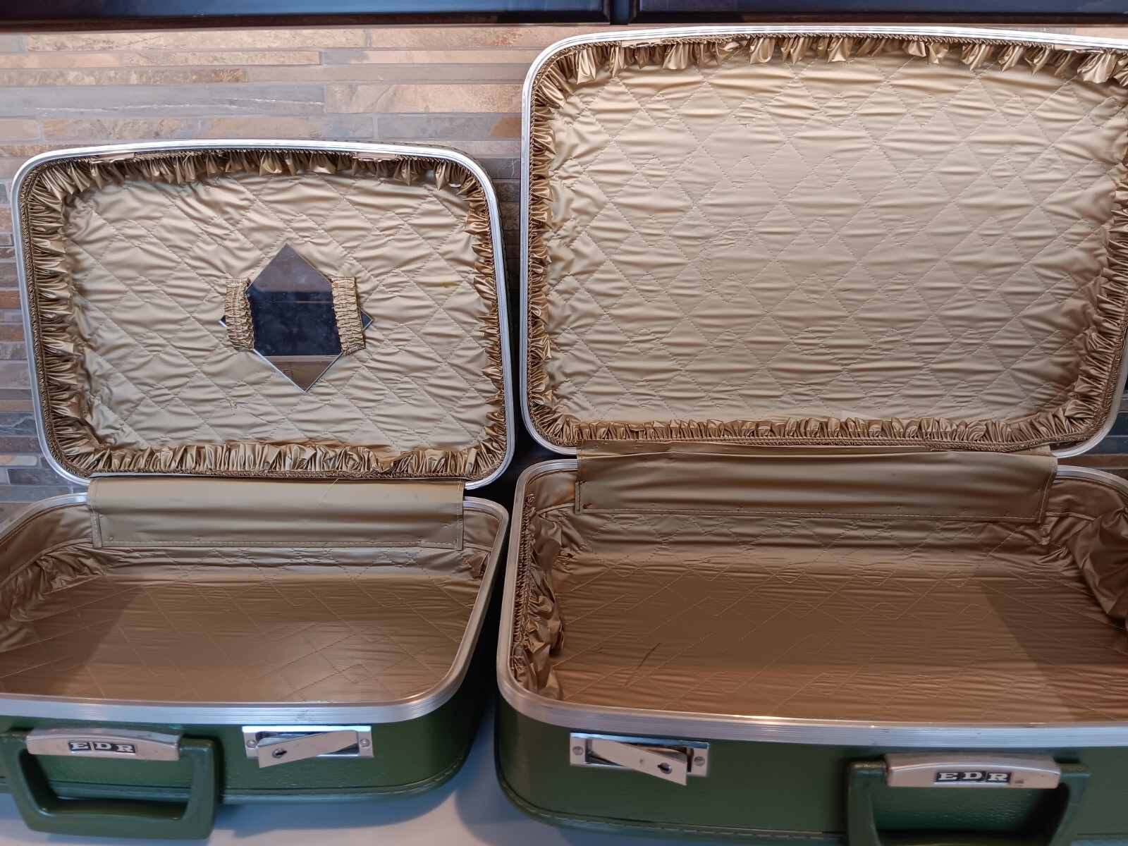 Vintage Avocado Green 2 Piece Nesting Luggage 1960s Hardshell. Initialed EDR.