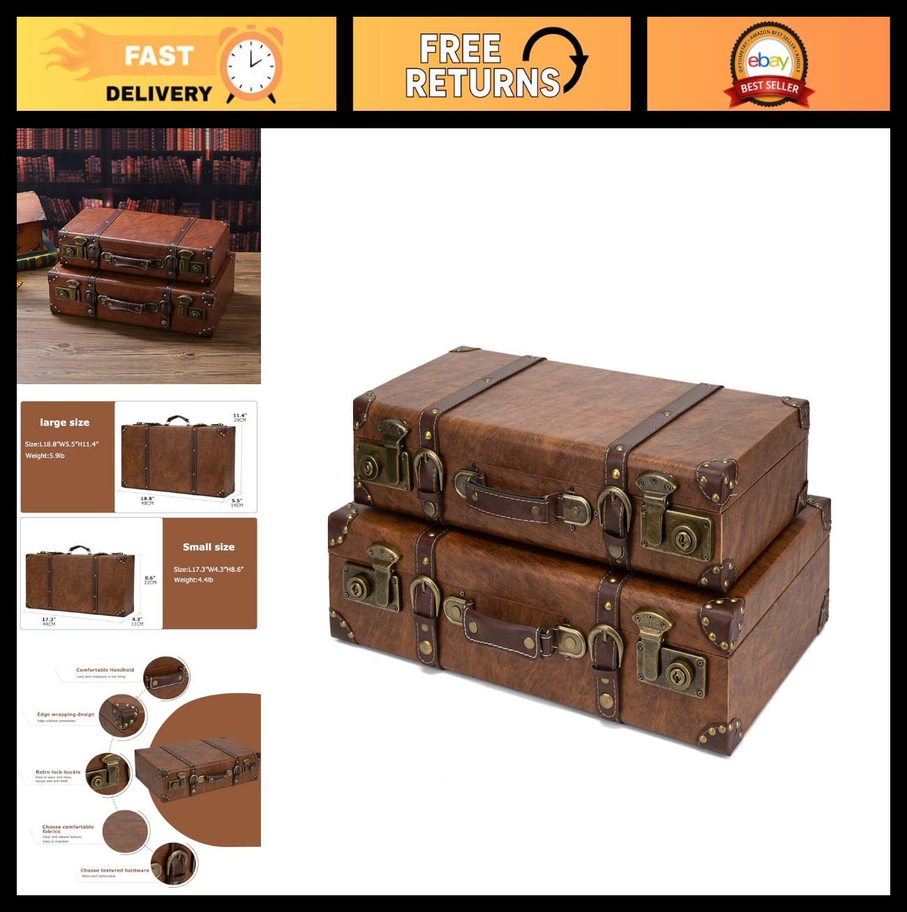 Vintage Leather Storage Trunk – Small Portable Decorative Luggage Suitcase Prop