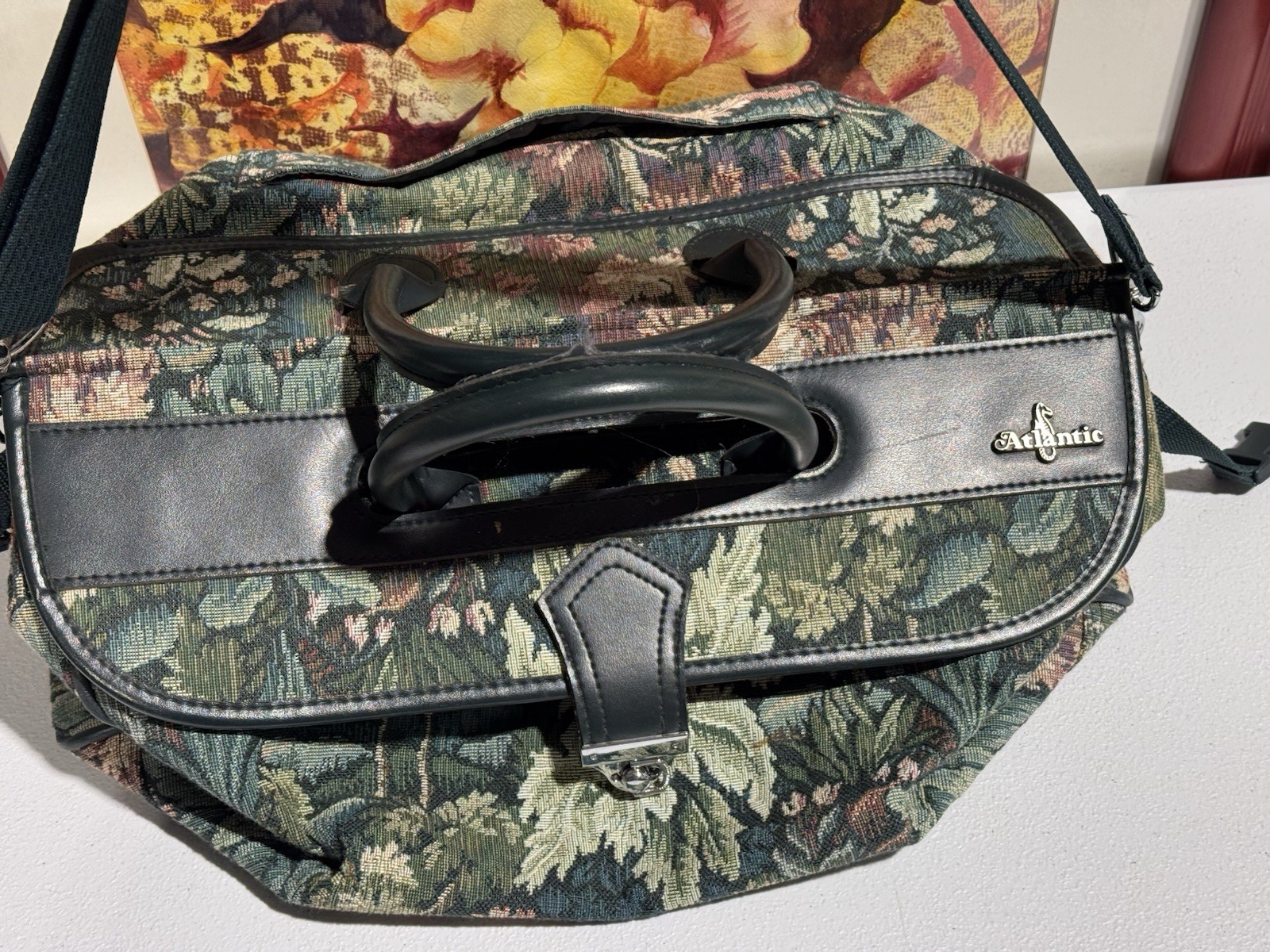 Vtg Atlantic Tapestry Floral Leaf Carry-On Bag Duffle Luggage w/ Shoulder Strap