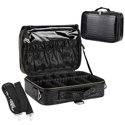 Travel Makeup Train Case,Large Capacity Cosmetic Bags for Medium Glossy Black