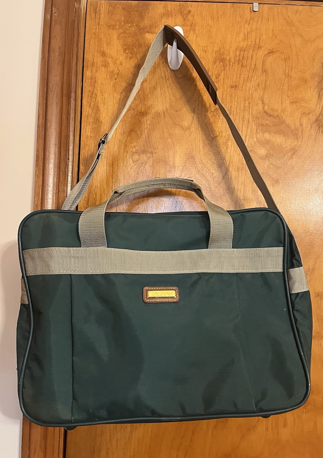 Vtg JAGUAR Weekender Dark Green Canvas Duffle Travel Tote Bag Metal Zippers EC