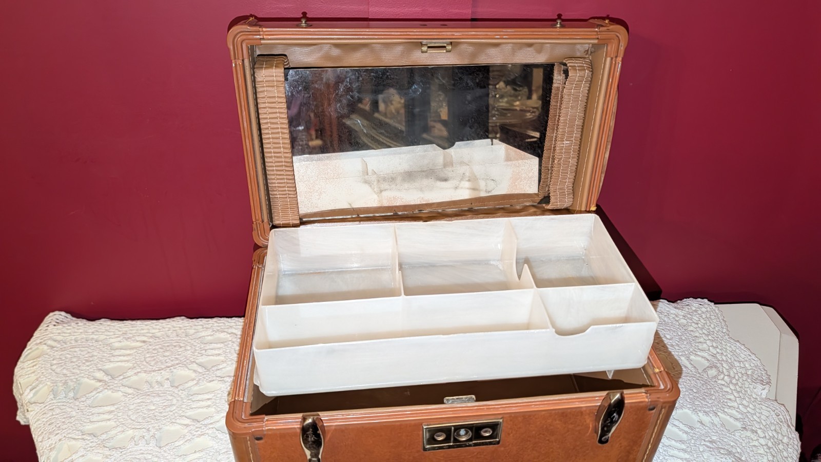 Vintage Samsonite Case Mirror & Tray Hard Side Suitcase Brown Luggage No Key