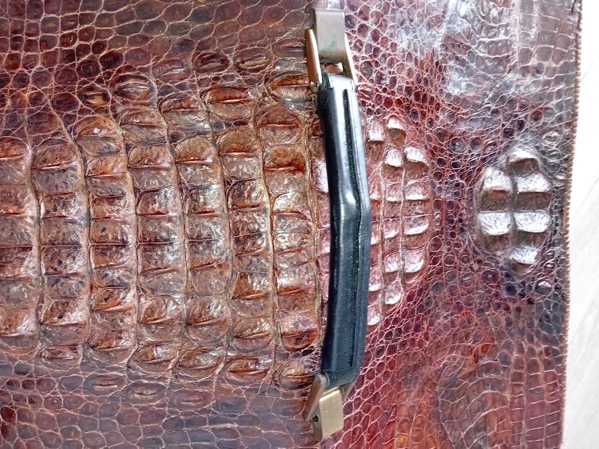 Antique Crocodile Leather Travel Luggage Suitcase / Vintage